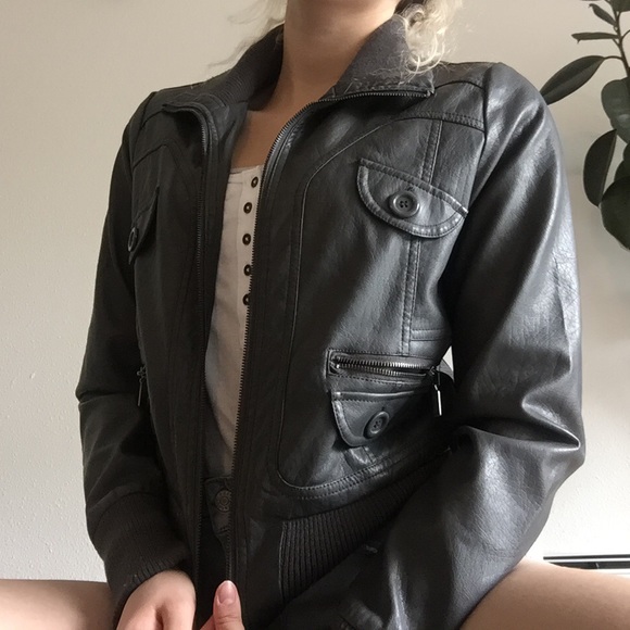 Jackets & Blazers - grey faux leather bomber jacket